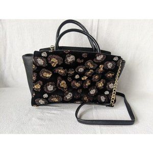 Betsey Johnson Velvet Sequin Leopard Satchel Purse Handbag Interchangeable Black